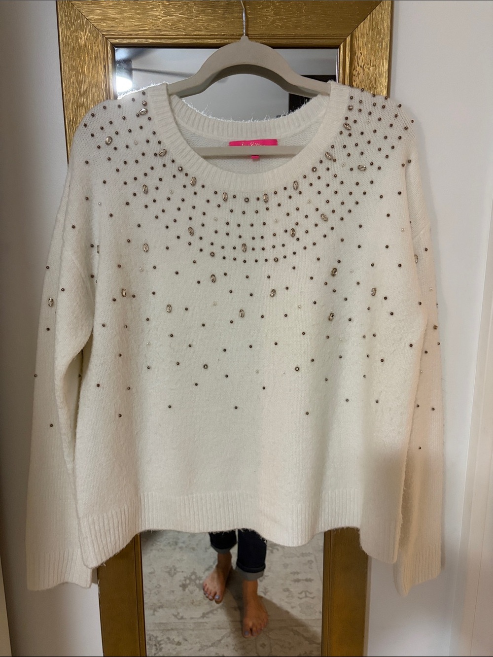 Lilly Pulitzer Cream Crewneck Sweater with Gold Bead Embellishment xl
